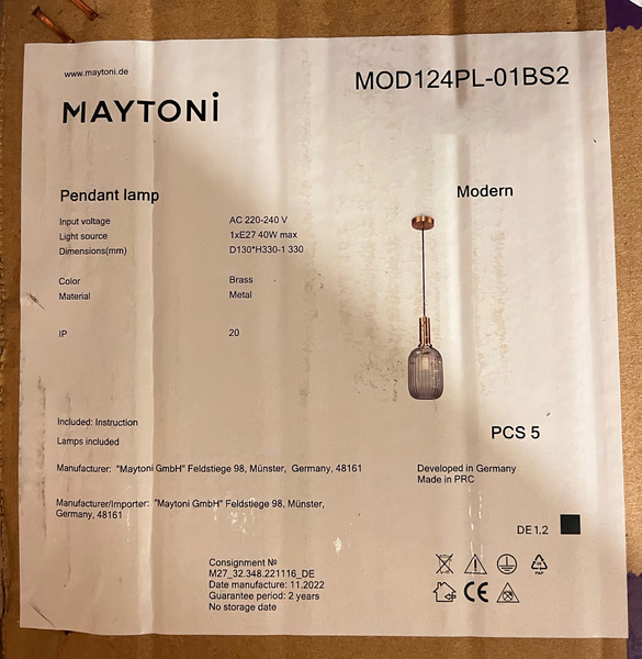 Lampa Wisząca Zelma Modern MOD124PL-01BS2 Maytoni                                                                            0659514566238