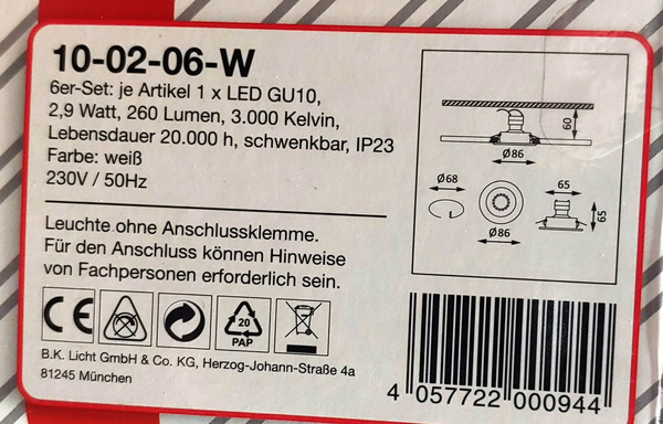 Zestaw 6 Reflektorów LED BKLicht GU10 3W 260lm 3000K