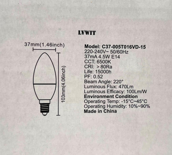 Zestaw 6 Żarówek LED LVWIT 4,5W E14 470lm 6500K