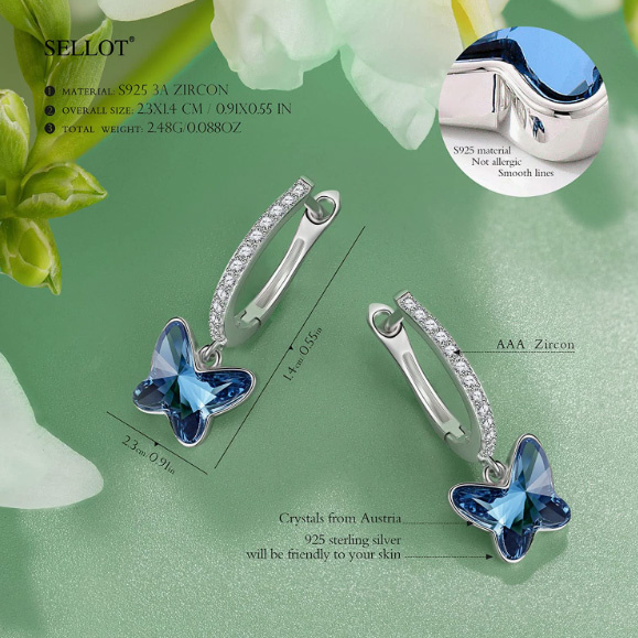Srebrne Kolczyki Sellot Motylki z Niebieskimi Kryształkami