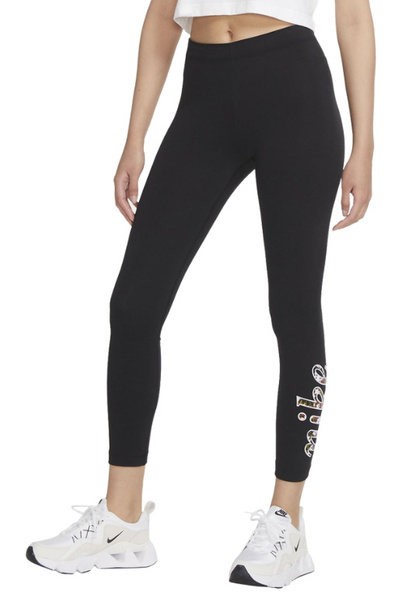 Nike Legginsy Damskie - Czarne - Kwiatowe Logo - Rozmiar S - Wysoki Stan - Tight Fit - CU5342-010