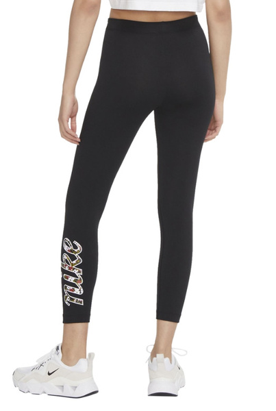 Nike Legginsy Damskie - Czarne - Kwiatowe Logo - Rozmiar S - Wysoki Stan - Tight Fit - CU5342-010