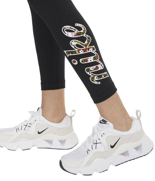 Nike Legginsy Damskie - Czarne - Kwiatowe Logo - Rozmiar S - Wysoki Stan - Tight Fit - CU5342-010