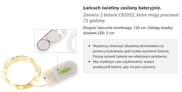 Łańcuch Świetlny LED 10 szt. 1,2 m Ciepły Biały X0013RZSBD