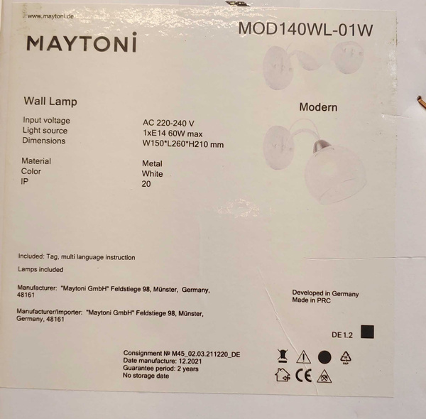 Kinkiet Maytoni Nikki Biały Podwójny Klosz MOD140WL-01W