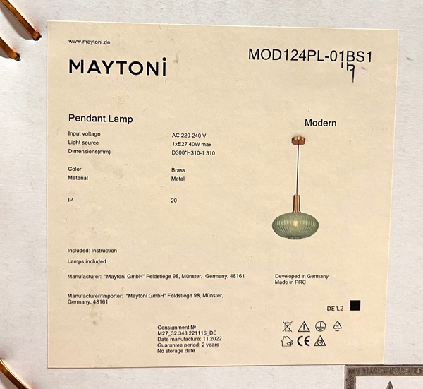 Lampa Zielony Klosz Wisząca Maytoni Zelma MOD124PL-01BS1