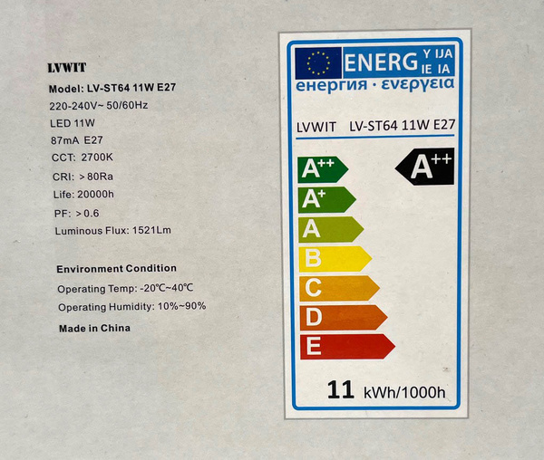 ŻARÓWKI FILAMENT LED 6szt E27 11W=100W 2700K LVWIT   X0015IH0J3