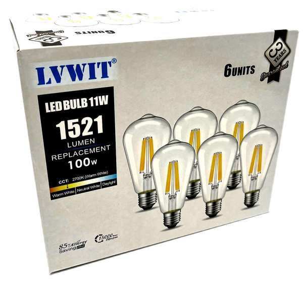 ŻARÓWKI FILAMENT LED 6szt E27 11W=100W 2700K LVWIT   X0015IH0J3