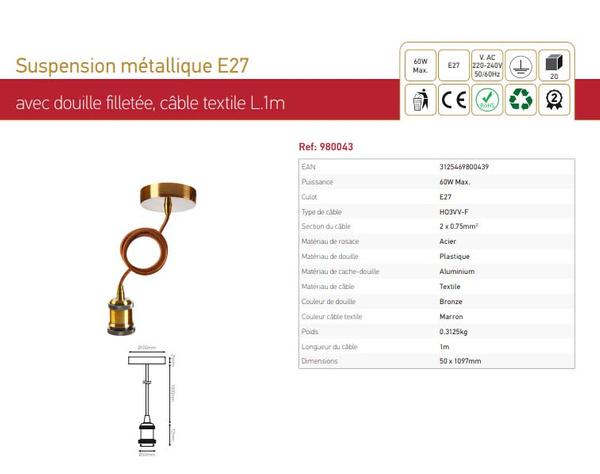 Lampa Wisząca Girard Sudron Antyczna Brązowy Kabel