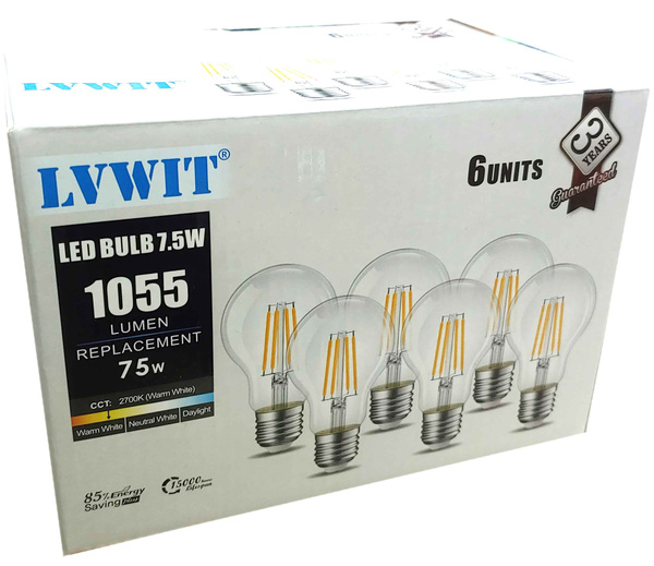 Zestaw 6 Żarówek LVWIT Filament E27 7,5W 1055lm 2700K